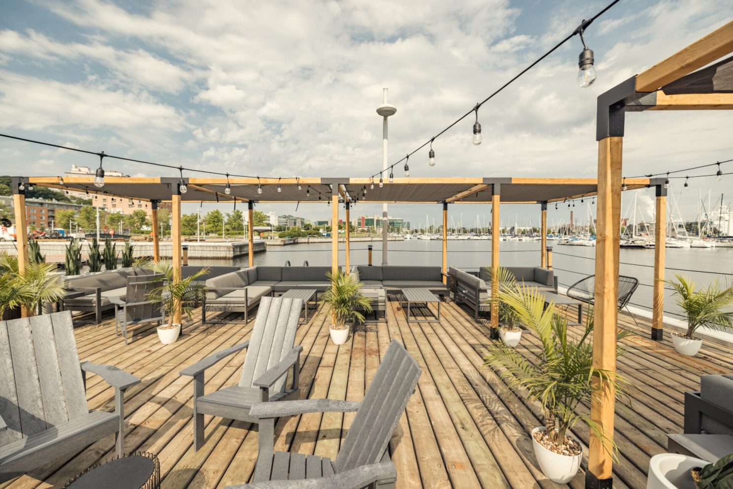 Wood deck terrace overlooking the marina.